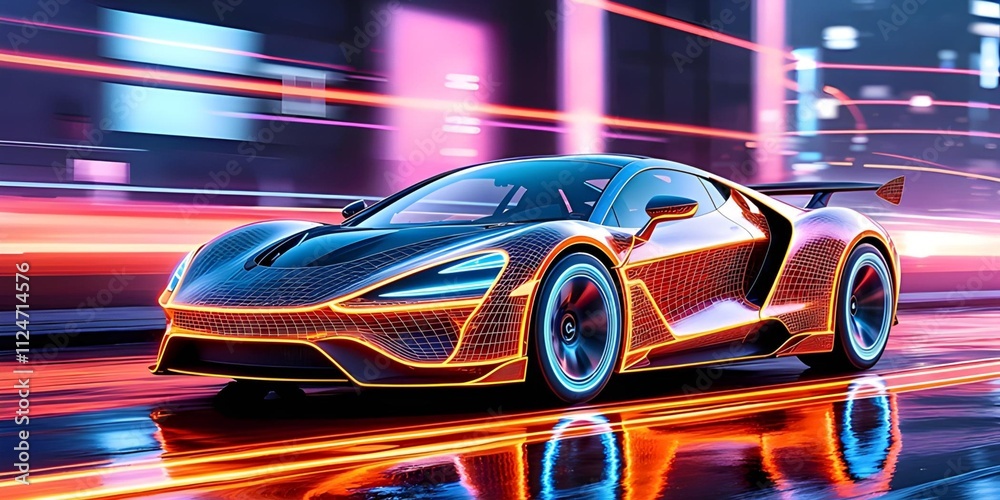 Fototapeta premium A futuristic sports car glowing with vibrant neon colors against a backdrop of a blurred, neon-lit city.
