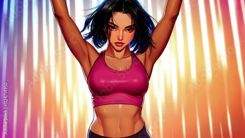 Confident athletic woman flexing muscles posing, dance in club