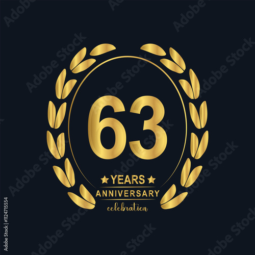 63th Years Anniversary celebration. Vector Template festive illustration Golden Color,. Birthday or wedding party event decoration. photo