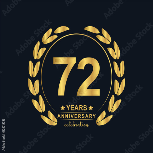 72th Years Anniversary celebration. Vector Template festive illustration Golden Color,. Birthday or wedding party event decoration. photo