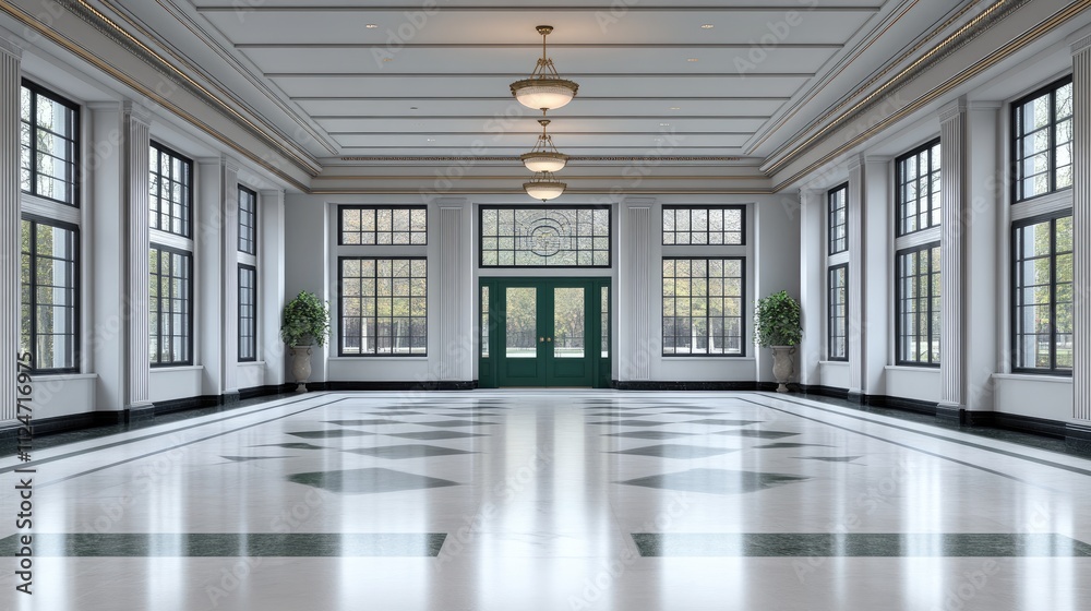 Obraz premium Art deco bank entrance hall features a white marble floor, green accents, and grand symmetrical columns for a stunning atmosphere