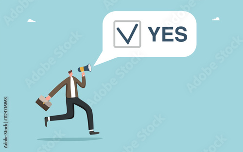 Leadership in making business decisions, always say yes, rational thinking to have confidence in strategy or plan of action, pros and cons, moral choice, voting, man agitates to make a choice yes.