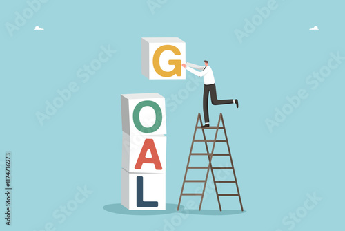 Leadership skills in achieving success, intelligence or motivation for success or high result, accuracy in setting goals, planning path to achieve excellence in work, man builds word goal from cubes.