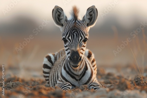 cute baby zebra is lying on the ground in a full body photo photo