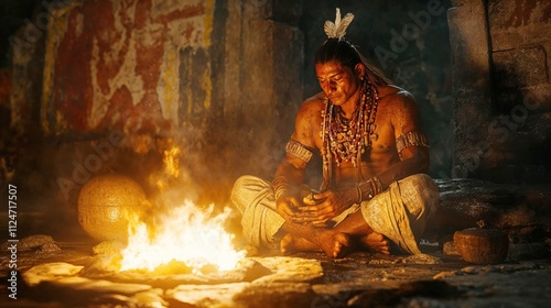 Indigenous warrior in traditional ceremonial attire meditating by sacred fire. Dramatic portrait of native American spiritual practice with authentic tribal decorations illuminated by firelight photo