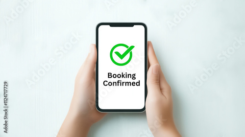 Mobile phone displaying booking confirmation with checkmark symbol photo