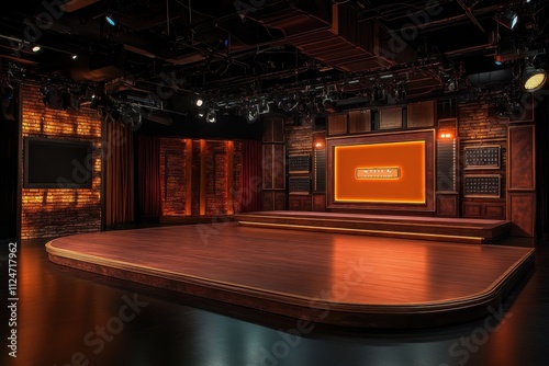Modern television studio with warm lighting and empty stage ready for live broadcast