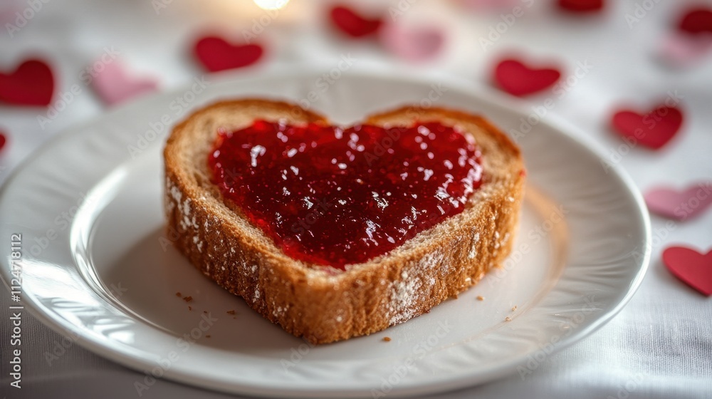 Heart-Shaped Toast with Jam on a Plate Surrounded by Heart Confetti Heart-Shaped Toast with Jam on a Plate Surrounded by Heart Confetti