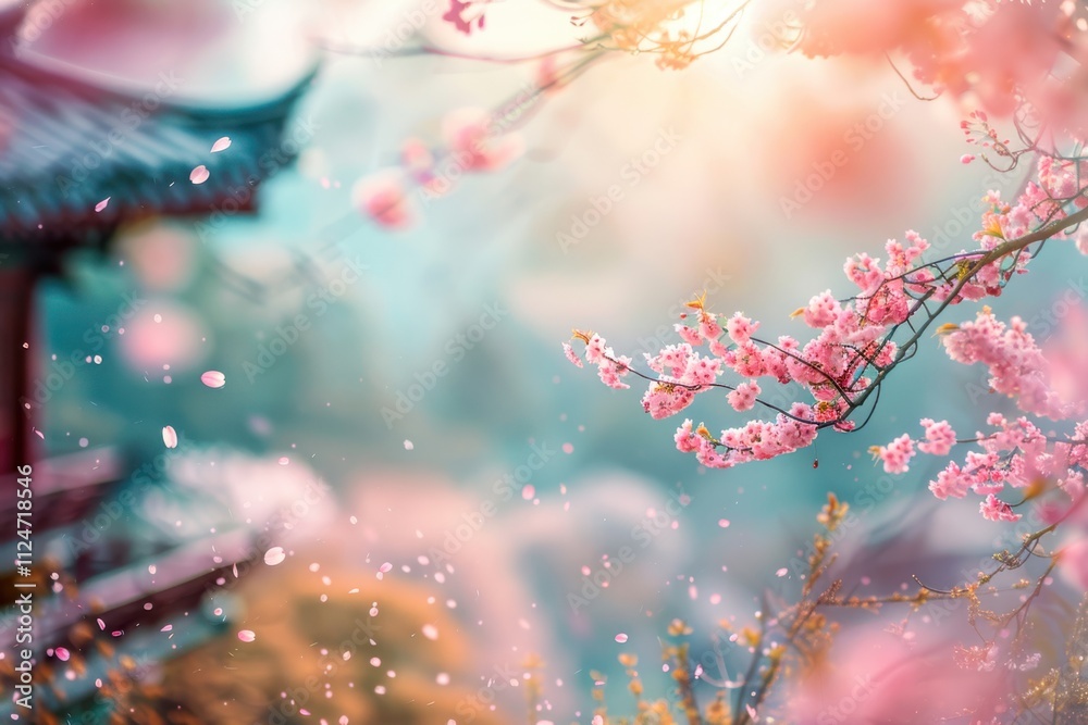 blurred Japanese garden background, cherry blossom border, copy space in center