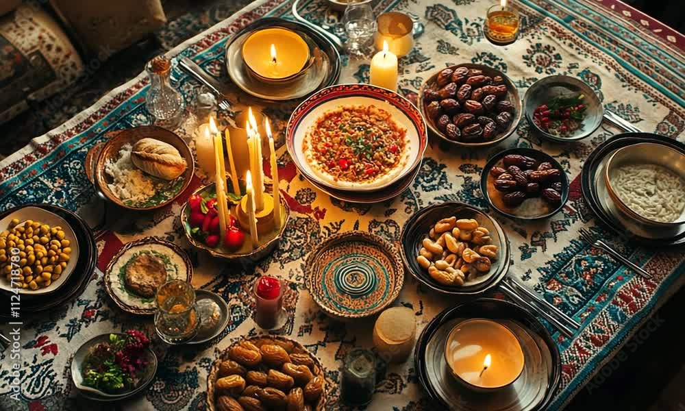 A Lavish Festive Table Setting with Delicious Food and Candles A Lavish Festive Table Setting with Delicious Food and Candles