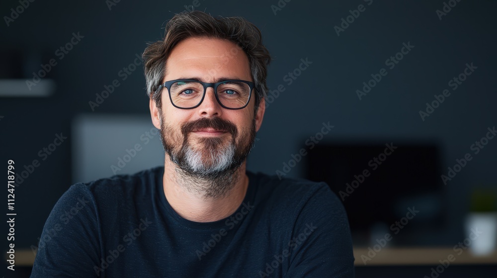 Professional graphic designer poses for a portrait in a modern studio setting Professional graphic designer poses for a portrait in a modern studio setting