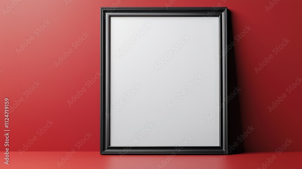 Blank mock up frame against vibrant red wall in a minimalist setting