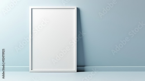 Blank frame mock up against a soft blue wall in a minimalist setting