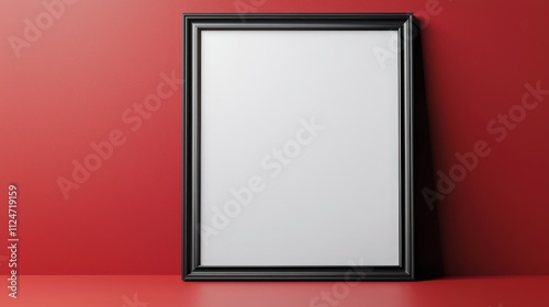 Blank mock up frame against vibrant red wall in a minimalist setting