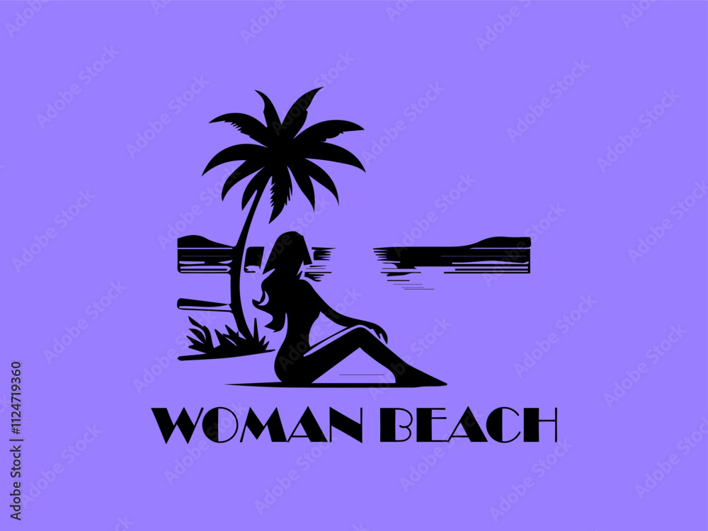 Black silhouette of woman on beach near palms and tropical paradise beach watching the sunset. Suitable for travel brochures, vacation ads, relaxationthemed graphics Black silhouette of woman on beach near palms and tropical paradise beach watching the sunset. Suitable for travel brochures, vacation ads, relaxationthemed graphics