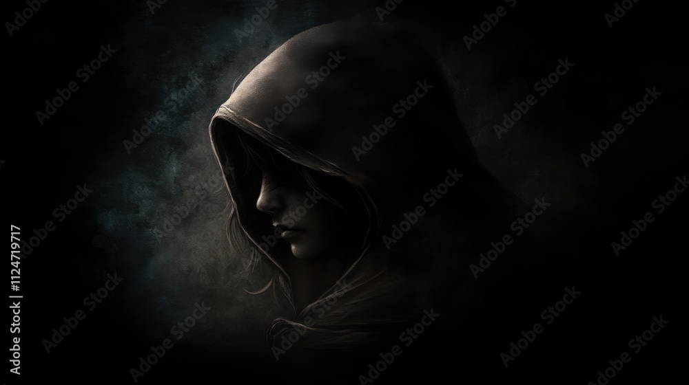 Mysterious Hooded Figure in Dark Atmosphere with Ethereal Glow Mysterious Hooded Figure in Dark Atmosphere with Ethereal Glow