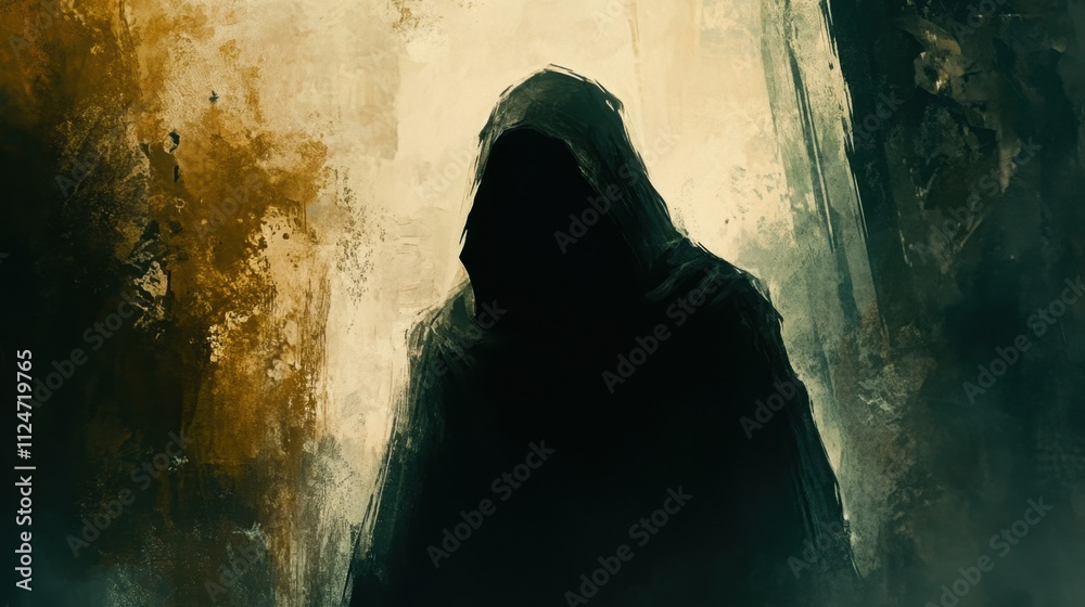 Mysterious Dark Figure Shrouded in Shadows Against a Grunge Background Mysterious Dark Figure Shrouded in Shadows Against a Grunge Background