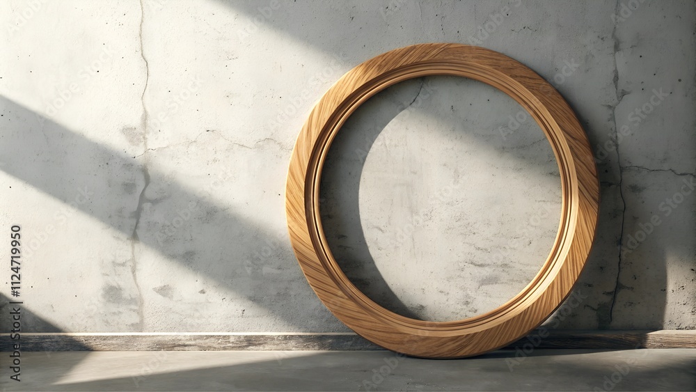 Wooden circular frame mockup on a concrete surface with shadows Wooden circular frame mockup on a concrete surface with shadows