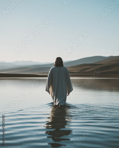 Jesus Christ walking on water over the sea photo