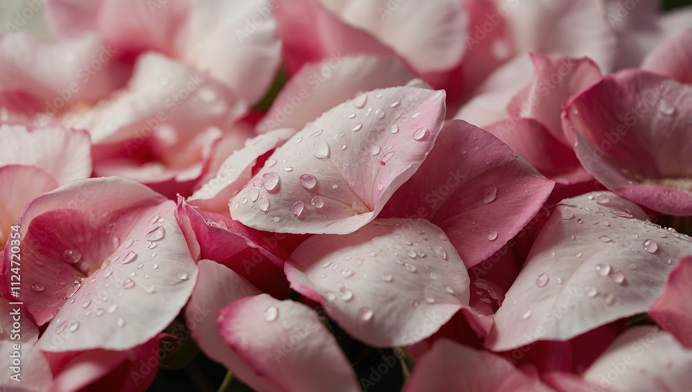 Many pink and white flower petals, covered in water droplets.
Many pink and white flower petals, covered in water droplets.
