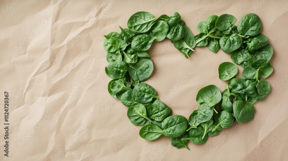 Heart Shape Made of Fresh Spinach Leaves on Wrinkled Paper Surface Heart Shape Made of Fresh Spinach Leaves on Wrinkled Paper Surface
