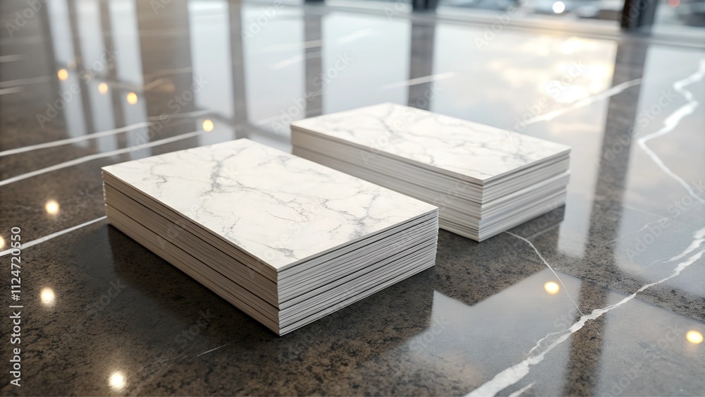 Stack of marble effect business card mockups on a glossy black table Stack of marble effect business card mockups on a glossy black table