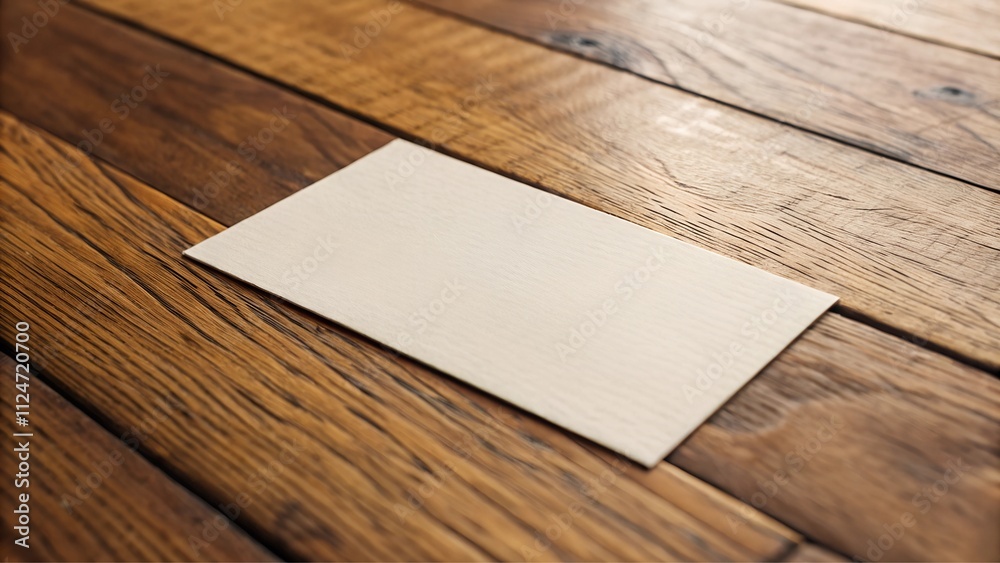 Single business card mockup on a dark wooden table in natural light Single business card mockup on a dark wooden table in natural light