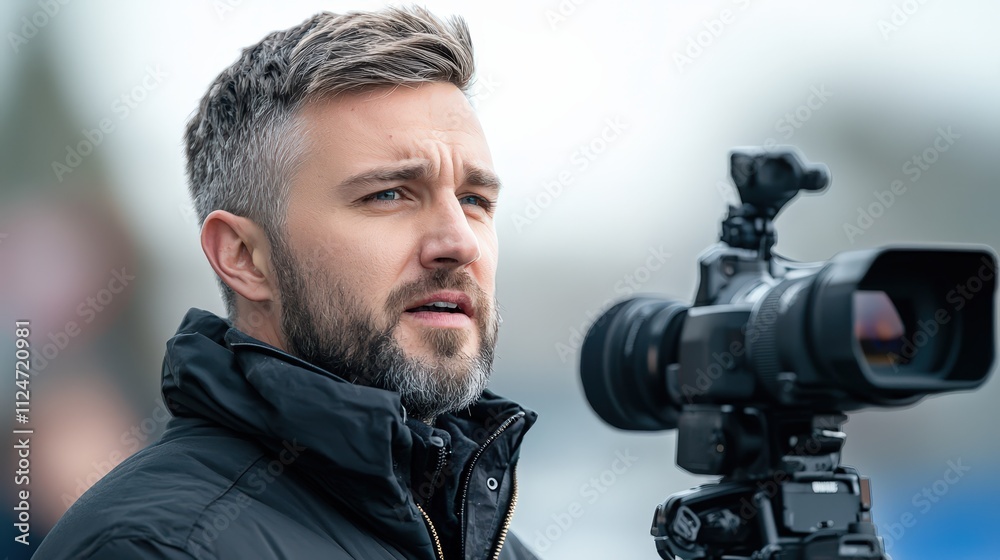 Professional journalist engaged in a photoshoot on a cloudy day outdoors Professional journalist engaged in a photoshoot on a cloudy day outdoors