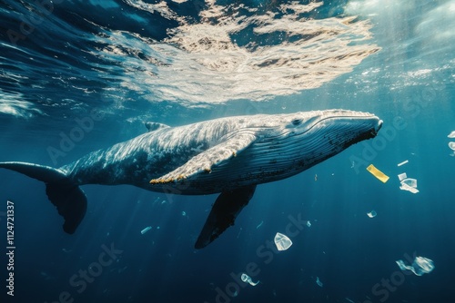 Majestic whale swimming through waters tainted by micro plastics ocean environment underwater photography marine conservation awe-inspiring perspective protecting our oceans photo