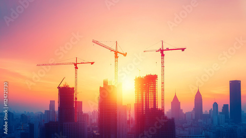 Skyscrapers under construction with cranes at sunset, showcasing urban development