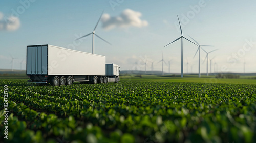 logistics truck drives through green farmland with wind turbines in background, symbolizing sustainable energy and transportation