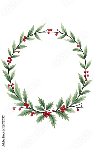 ercolor Christmas frame features a round wreath of fir branches, berries, and leaves against a crisp white background, evoking winter botanicals._00001_ photo