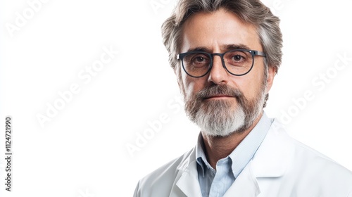 Professional portrait of a male scientist in a lab coat with glasses