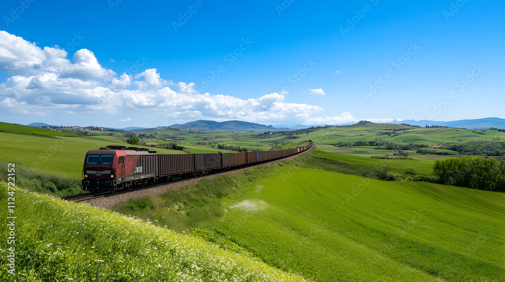 A cargo train passing through a rural landscape with rolling hills and green fields. Cargo train on rural tracks. A cargo train passing through a rural landscape with rolling hills and green fields. Cargo train on rural tracks.