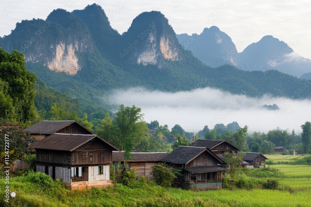 Obraz premium Picturesque Village Nestled in the Foothills of Majestic Mountains with Lush Green Landscape and Mist