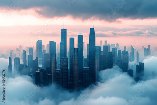 futuristic city skyline with towering buildings emerging through dense clouds under dramatic sky