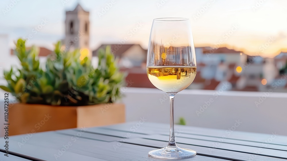 Obraz premium A wine glass sits on a table with a blurred cityscape and sunset in the background.