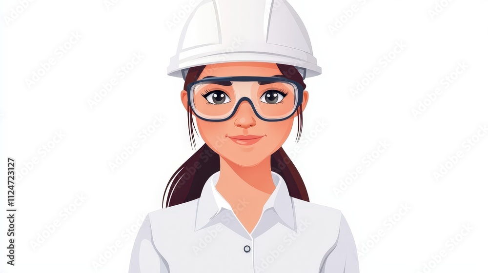 Woman engineer wearing safety helmet and glasses on a white background Woman engineer wearing safety helmet and glasses on a white background