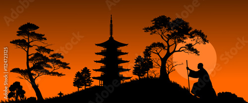  Vektor Silhouetten - Japan Pagode auf Hügel mit Bäumen und einem gläubigen Mönch mit Stab - Grafik Design Element Asien 