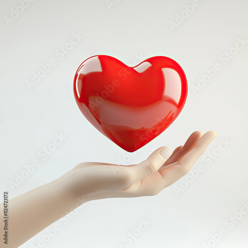 3D red heart floating above the palm of an outstretched hand