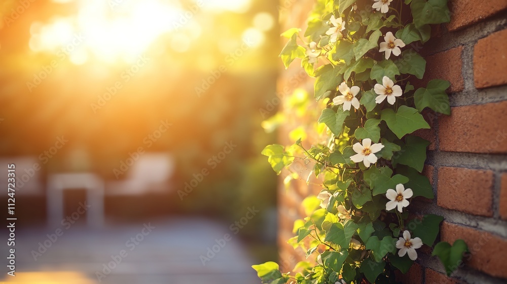 Brick wall with flowering vine in sunset light, warm tones Brick wall with flowering vine in sunset light, warm tones