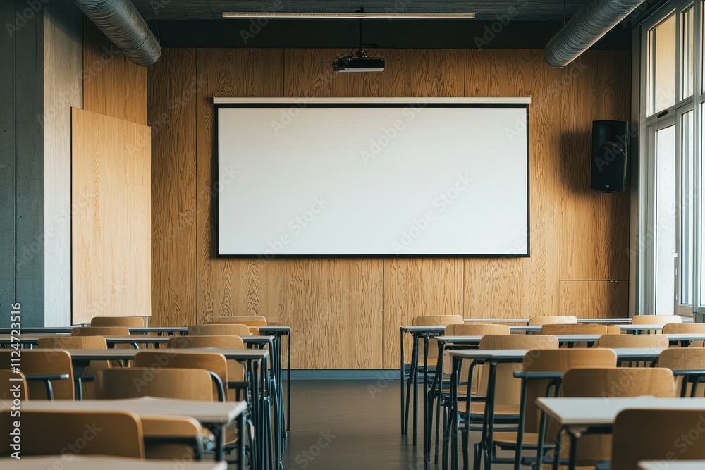 Modern classroom with empty desks and projection screen in a spacious learning environment Modern classroom with empty desks and projection screen in a spacious learning environment