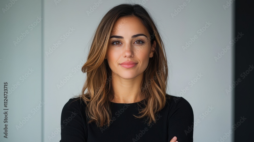 Fototapeta premium Professional woman poses confidently for a portrait session in a modern studio