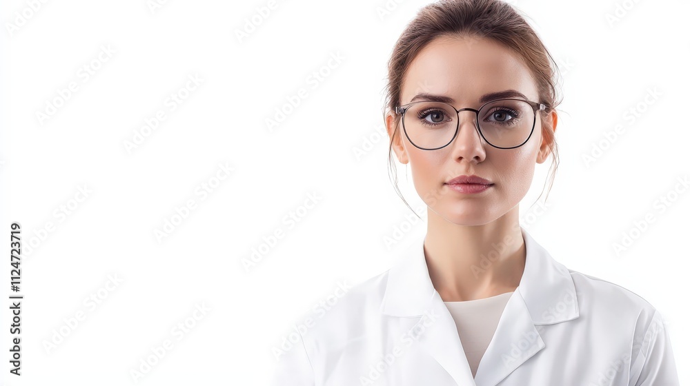Professional woman scientist in lab coat poses confidently for portrait Professional woman scientist in lab coat poses confidently for portrait