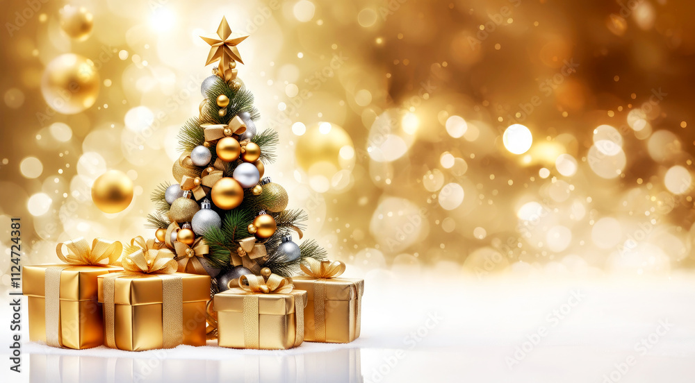 Elegant golden gift boxes with sparkling ribbons, set against and a Christmas tree with decorations a festive bokeh background. Concept of celebration and luxury Elegant golden gift boxes with sparkling ribbons, set against and a Christmas tree with decorations a festive bokeh background. Concept of celebration and luxury