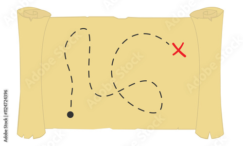 Old treasure map scroll with red X marking the spot. Map template isolated on white background