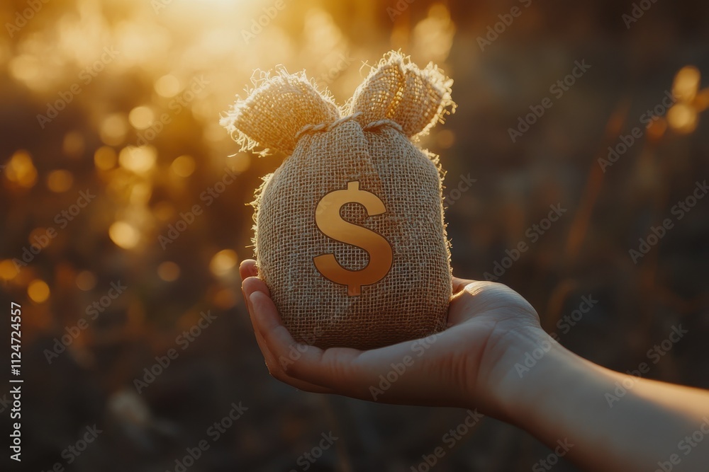 A hand holding a small burlap sack with a dollar sign bokeh background A hand holding a small burlap sack with a dollar sign bokeh background