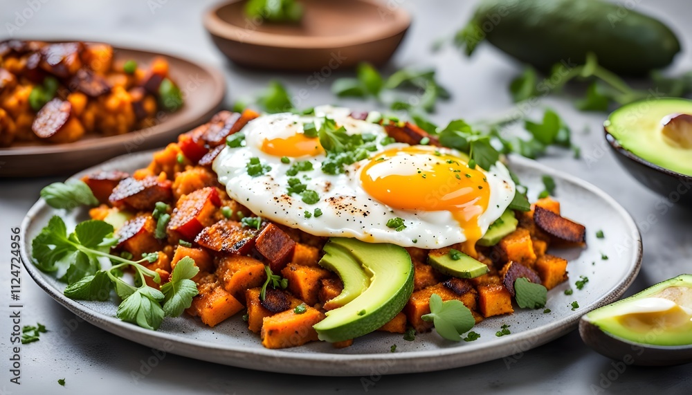 Sweet Potato and Chorizo Hash with egg, avocado and herbs.
Sweet Potato and Chorizo Hash with egg, avocado and herbs.