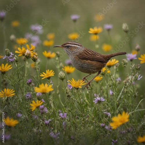 A wren flitting around a wildflower meadow. photo