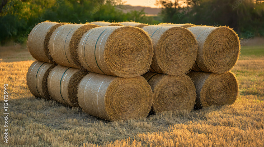 Golden Hay Bales Stacked in a Rural Field at Sunset, Capturing the Tranquil Beauty of Agricultural Landscape and Summer Harvest in the Countryside Golden Hay Bales Stacked in a Rural Field at Sunset, Capturing the Tranquil Beauty of Agricultural Landscape and Summer Harvest in the Countryside